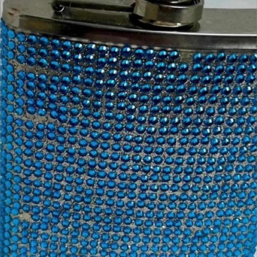 VINTAGE STAINLESS STEEL PERSONAL RHINESTONES FLASK (6 OZ) - BLUE BLING BLING